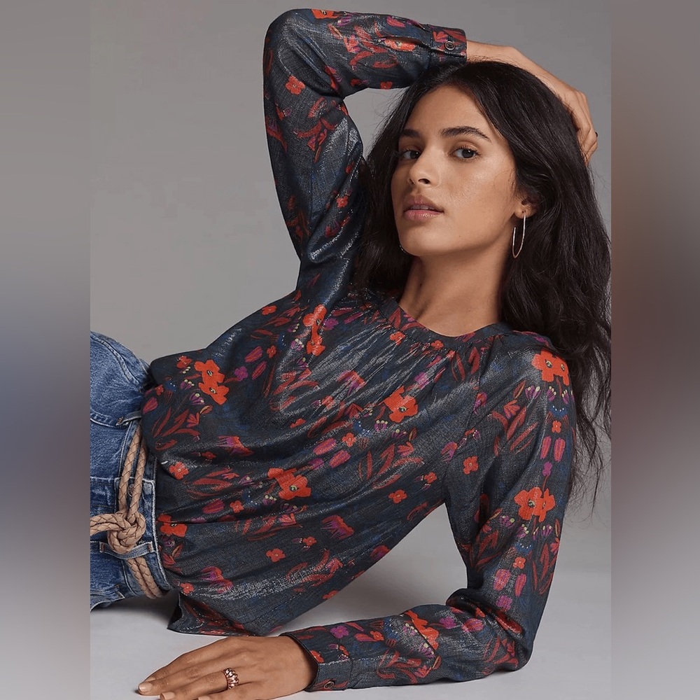 Anthropologie Roopa Pemmaraju Metallic Floral Print Long Sleeve Blouse Top XS